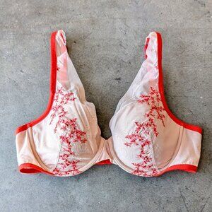 Wolford Sweet Tendril Cup Bra Ivory Red Floral Embroidery Mesh Underwire Bra 34C